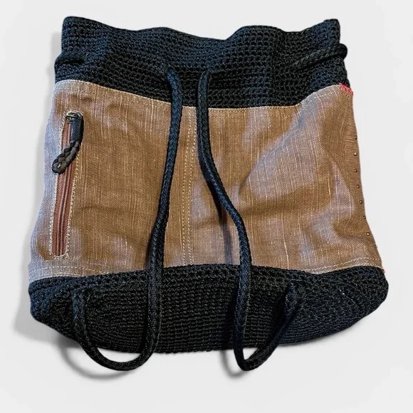 The Sak Vintage Crochet Sayulita Drawstring Backpack Bohemian Black Brown - Picture 3 of 13